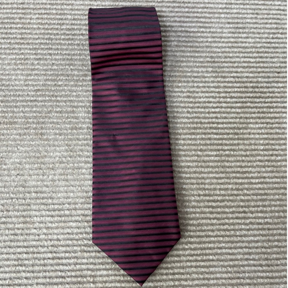Harve Benard Silk Tie Mens Burgundy Black Horizontal Stripe Handmade Necktie